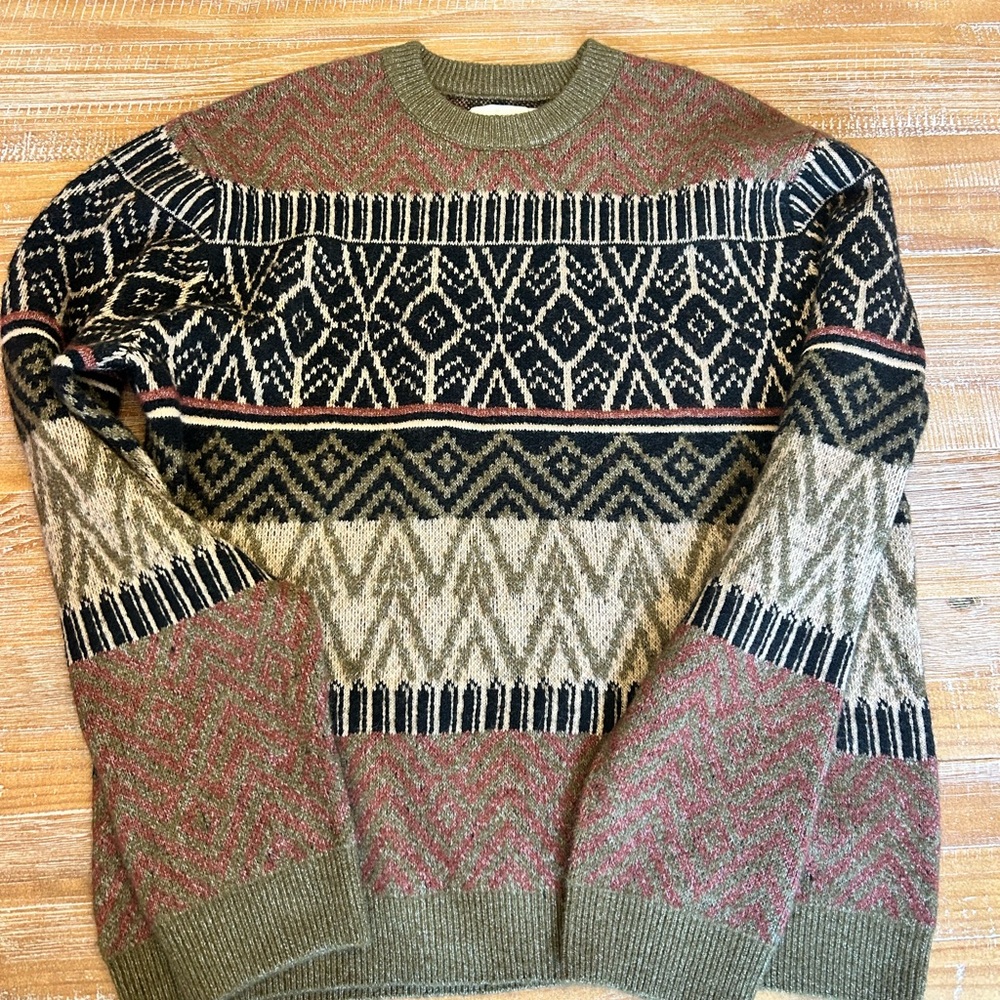 Sun + Stone Fair Isle Crewneck Sweater in Olive & Black NWOT